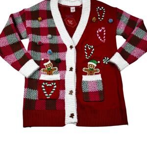 Holiday Time Festive Gingerbread Ugly Cute Christmas Cardigan Sweater Women's M